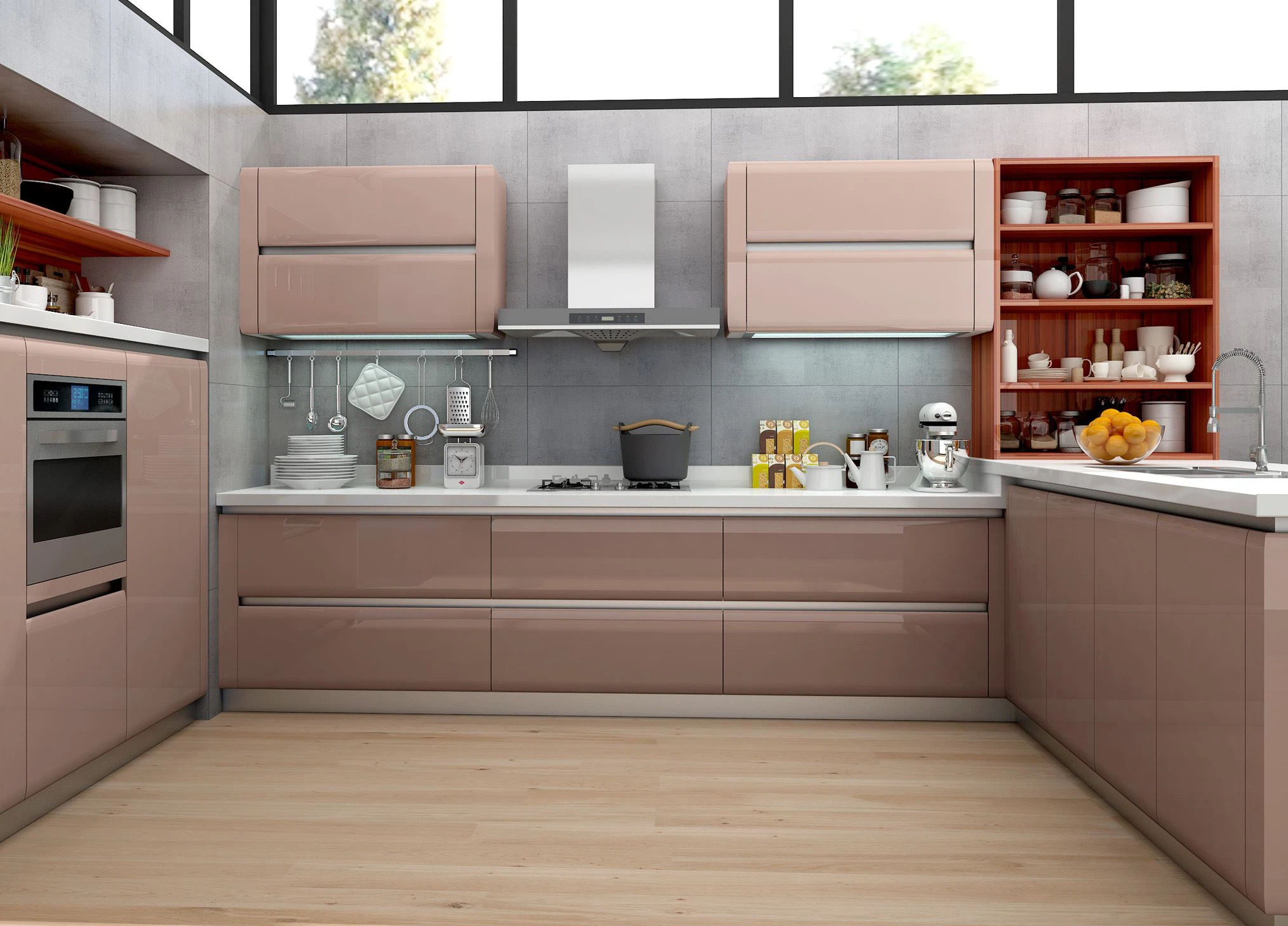 U-shaped lacquer kitchen cabinet